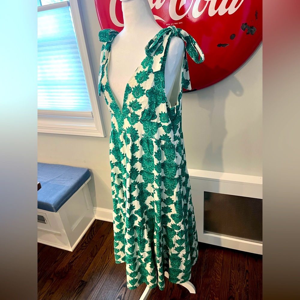house of harlow green floral dress 1960 dress, shoulder ties, tiered, floral, linen blend, L Maxi dress